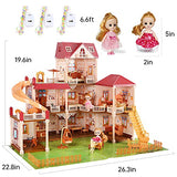 CUTE STONE Flashing Colorful Light Dollhouse Dream House Includes 2 Dolls, 26.3" x 22.8" Doll House Dreamhouse with Movable Slides, Furniture, Doll Accessories, Gift for Girls and Toddlers