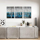 3Hdeko - 3D Blue Gray Aspen Tree Canvas Wall Art Hand Painted Textured Oil Painting Abstract Birch Forest Landscape Picture, Large 3 Piece Home Decoration for Living Room Bedroom, Framed (60x30inch)