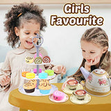 Cheffun Tea Set for Little Girls - Tea Party Pretend Play Kitchen Set Sweet Princess Accessories Plastic Tea Cups Dishes Play Food Macaroons Cake Set Stands Play Set for Toddlers Kids Ages 3 4 5 6 7+