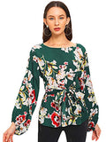 Romwe Women's Floral Print Long Sleeve Self tie Waist Knot Blouse Top Green L