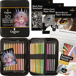Castle Art Supplies 48 Pasteltint Colored Pencils Set with Extras | Quality Colors in Softer, Sumptuous Tones | for Professional and Adult Artists | in Neat, Strong, Zipper Travel Case