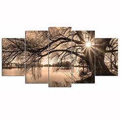 Nachic Wall Large 5 Piece Canvas Wall Art Tree by Lake at Sunset Picture Canvas Prints Vintage Sepia Landscape Photo Painting for Home Living Room Office Decoration Stretched and Framed Ready to Hang