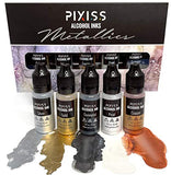 Metallic Alcohol Ink Set - 5 Metal Color Alcohol-Based Inks for Epoxy Resin Art - Concentrated Shimmer Alcohol Paint Color Dye for Resin - 4 Ounce White Alcohol Ink - Pixiss Alcohol Ink Blower