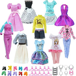 Handmade 40Pcs Doll Clothes and Accessories Set Including 5 Fashion Party Dresses 5 Tops Pants Casual Outfits 10 Shoes and 10 Hangers 6 Necklaces 4 Glasses for 11.5 inch Doll