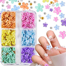 3D Flower Nail Charms, 6 Grids Colorful 3D Acrylic Flower Nail with White Gold Pearl Blossom Caviar Beads Spring Flores Nail Art Design for DIY Jewelry Craft Decoration (3D Flower-Blue)