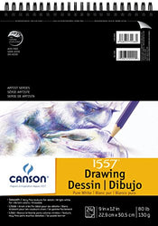 Canson Artist Series 1557 Pure White Drawing Paper Pad, Fine Texture, Top Wire Bound, 80 Pound, 9 x
