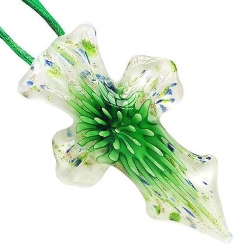 Green Flower White Cross Lampwork Glass Murano Bead Pendant Ribbon Necklace Cord