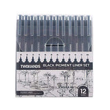 TWOHANDS Set of 12 Micro Pens, Fine Point, Fineliner Ink Pens, Pigment Pen, Technical Drawing pen, Black, Waterproof, for Art Watercolor, Sketching, Anime, Manga, Scrapbooking 20413