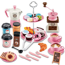 GIFTRRTOY Pretend Tea Party Set for Little Girls, 38 PCS Coffee Maker Set and Play Food Dessert Set for Kids Age 3 4 5 6 7 8 9（Pink）