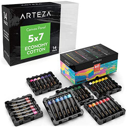 ARTEZA 5x7" Bulk Pack of 100% Economy Cotton Canvas Panels, Set of 14 + Acrylic Paint, 22 ml Tubes,
