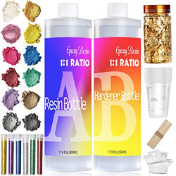 N-P Epoxy-Resin-Crystal-Clear 35.2 Ounce Epoxy Resin for Jewelry Art Craft Casting Resin Kit with Mica Powder, Fine Glitter, Gold Foil Flakes Bonus Measuring Cup, Wooden Sticks, Gloves