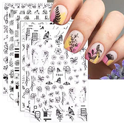 JMEOWIO 12 Sheets Spring Black White Flower Nail Art Stickers Decals Self-Adhesive Pegatinas Uñas Summer Floral Leaf Butterfly Nail Supplies Nail Art Design Decoration Accessories