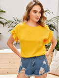 Romwe Women's Short Sleeve Round Neck Contrast Lace Ruffle Trim Cotton Summer Blouse Top Yellow L