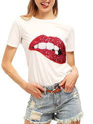 ROMWE Women's Summer Short Sleeve Sequin Lip Print T Shirts Tops White L