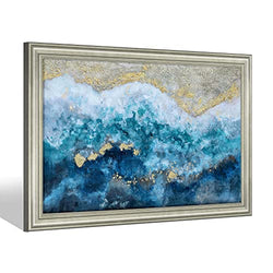 Gold Foils Canvas Wall Art: Abstract Blue Artwork Hand Painted with Heavy Texture Picture Watercolor Painting for Bedroom Decor (24''x36'')