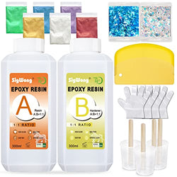 Epoxy Resin Clear Crystal Coating Kit 600ml/23oz - 2 Part Casting Resin for Art, Craft, Jewelry Making, River Tables, Bonus Mica Powder, Measuring Cup, Wooden Sticks, Resin Glitter and Plastic Spatula