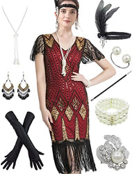 Women's 1920s Gatsby Inspired Sequin Beads Long Fringe Flapper Dress w/Accessories Set, Gold&red, Medium
