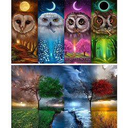 Yomiie 5D Diamond Painting Four Seasons Owl Full Drill by Number Kits, Animal Tree DIY Paint with Diamonds Art Set Rhinestone Embroidery Craft for Home Room Decoration (12x16 inch, 2 Pack)