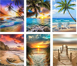 SIIYIX 6 Sets 5d Full Drill Diamond Painting Art Dotz Diamond Paint by Numbers Beach Kits for Adult Kids Housewarming Gifts Beach Boat Sea Sunset Sunrise, 12×16 INCH (A Pack of 6 Sets)
