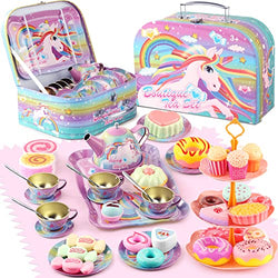 efubaby 47PCS Tea Party Set for Little Girls, Unicorn Tea Set Toys Including Teapot Cups Dessert Plates & Carrying Case, Kids Toys for Tea Party Supplies Kitchen Pretend Play for Girls Boys Age 3-12