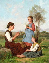 Albert Anker Three Girls Winding Wreaths Private Collection 30" x 23" Fine Art Giclee Canvas Print Reproduction (Unframed)