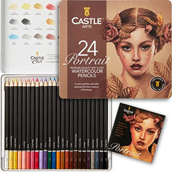Castle Art Supplies Portraits Themed Watercolor Pencils Set | 24 Quality, Selected Vibrant Colors | Draw and Paint at the Same Time | For Adult Artists and Gifting | In Special Tin Box