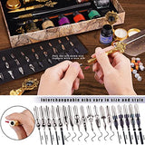 AXEARTE Calligraphy Pens Ink Set, 34 pcs Quill Pen and Ink Set Includes Feather Pen, Wooden Pen, Glass Dip Pen, 6 Bottles Ink, 18 Nibs, Seal Stamp, White Wax, Spoon, Best Gift Kit for Writing (Grey)