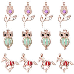 12pcs Rose Gold Rose Owl Horse Pearl Bead Cage Pendants Aromatherapy Essential Oil Diffuser