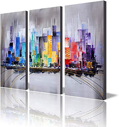 ARTLAND Modern 100% Hand Painted Framed Wall Art"Colorful City" 3-Piece Gallery-Wrapped Abstract Oil Painting on Canvas Ready to Hang for Living Room for Wall Decor Home Decoration 24x36inches