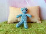 Miniature crochet bear for doll. 1:6 scale dollhouse amigurumi toy. Handmade knitted blue/green