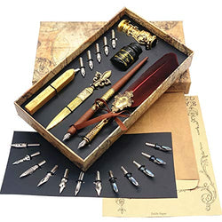 SCHOWE Antique Feather Pen Calligraphy Wood Dip Pen Writing Quill Pen and Ink Set (Red)
