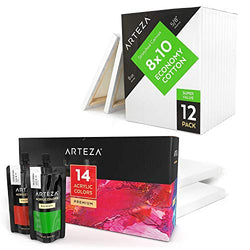 ARTEZA Acrylic Painter Supply Bundle, Acrylic Paint Set of 14 Colors and Stretched Canvas 8x10"