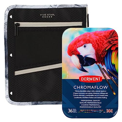 Bundle of Derwent Chromaflow Colored Pencils Tin, Set of 36, 4mm Wide Core, (2306012) + Five Star Zipper Pouch, Pencil Pouch, Pencil Case, Fits 3-Ring Binder, Color Will Vary, 1 Count (50642)
