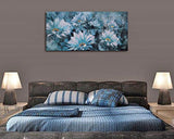 Canvas Wall Art Prints Blue Flowers Modern Floral Abstract Daisy Painting with Hand-Painted Embellishment One Panel Large Wooden Framed Picture for Living Room Bedroom Home Office Décor 48"x24"