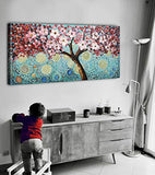 Modern Art 100% Hand Painted Framed Home Wall Decor Art Blooming Flower Tree Oil Painting Abstract Artwork Cherry Blossoms Pink Flowers Blue Teal Colourful Starry Night Sky Living Room Decoration