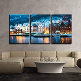 wall26 - 3 Piece Canvas Wall Art - Night View in Bruges, Bergen, Norway - Modern Home Decor Stretched and Framed Ready to Hang - 24"x36"x3 Panels