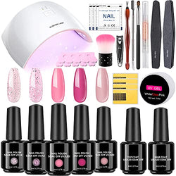 Gel Nail Polish Kit with UV Light, 5 Colors Gel Nail Kit for Starter and Professional, Gel Polish Kit Sparkly Glitters, Manicure Gel Kit with Base and Top Coat (Pink)