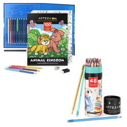 Arteza Kids Erasable Colored Pencils, Set of 48 and Land Animals Coloring Book Kit, Art Supplies for School, Home, Doodling, and Drawing