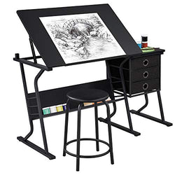 Topeakmart Height Adjustable Drafting Table Art Craft Desk Work Station Hobby Design Studio Tiltable Tabletop Drawing Desk with Stool & Storage Drawers