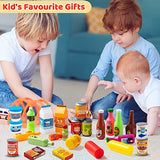 JOYIN 30Pcs Play Food Grocery Cans, Pretend Play Kitchen Accessories, Includes Drink, Juice, Jar, Seasoning, Water Bottle, Sauce, Yogurt, Ice Cream, Snack Box, Kids Gifts & Indoor Toys