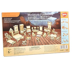 BOHS 1SET=34PCS Dollhouse Furnitures -Wooden 3D Puzzle - Scale Miniature Models Doll House DIY Accessorie