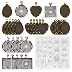 30 Pieces 5 Styles Pendant Trays- Round & Square & Heart & Teardrop & Oval,and 1 Pcs Silicone Resin Jewelry Casting Molds for Pendant Crafting DIY Jewelry Gift Making