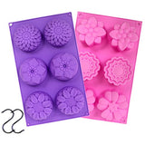 YGEOMER 2 PCS 6 Cavity Assorted Silicone Flower Soap Mold DIY Soap Mold Handmade Chocolate Biscuit Cake Muffine Silicone Mold, with 2 S Hooks as Gift