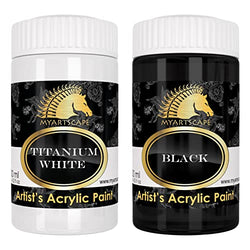 MyArtscape Titanium White + Black Acrylic Paint 300ml Bottle (10oz) Artist Quality - Lightfast - Heavy Body - Vibrant Color - Great Tinting Strength - Professional Grade Paints
