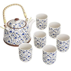 Blue Roses Design Japanese Tea Service Set with Teapot w/Bamboo Top Handle, 1 Leaf Strainer & 6 Teacups