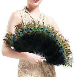 BABEYOND Roaring 20s Vintage Style Peacock & Black Marabou Feather Fan Flapper Accessories (15" L &