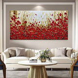 MUWU Modern Canvas Paintings, 24x48 inch Red Flowers Paintings Texture Palette Knife Modern Home Decor Wall Art Painting Colorful 3D Flowers Wood Inside Framed Ready to hang