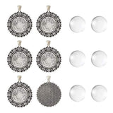 Fashewelry 5Pcs Antique Silver Round Bezel Tray Pendant Blanks 25mm Tibetan Flower Cameo Base Cabochon Setting Charms with 5Pcs Clear Glass Cabochons for Jewelry Making