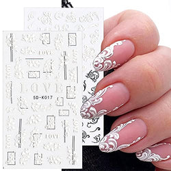 4pcs Flower Nail Stickers Decals 5D Engraved Flower Feather Sliders White Nail Lace Rose Nail Art Supplies Designs for Nail Art Decoration (Retro Flower)