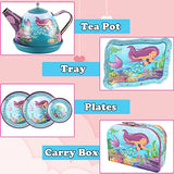 Liberty Imports Mermaid Teapot Set for Kids Tea Party Kitchen Pretend Play - 15 Piece Under The Sea Metal Tea Time Toy for Girls